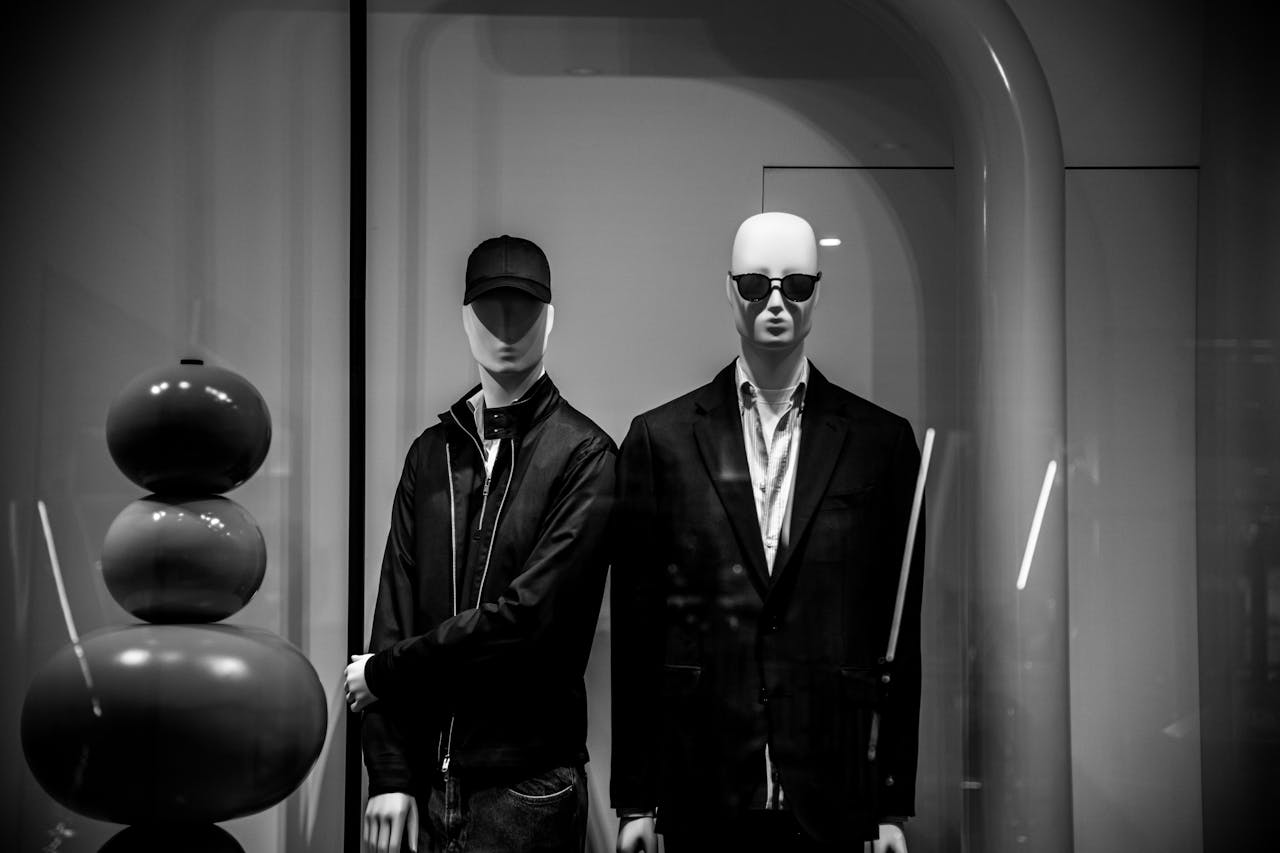 Black and white photo of two mannequins in stylish clothing symbolizes urban fashion.
